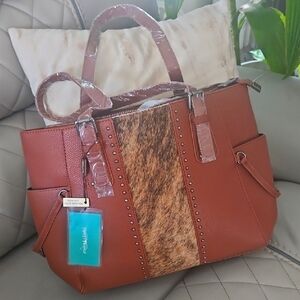 Sophisticated Brown and Tan Leather Tote with Silver Accents